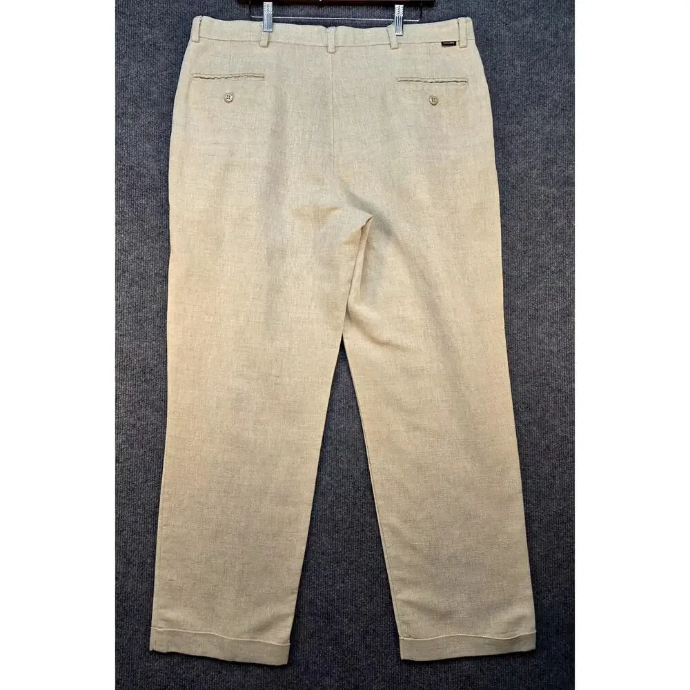 Dockers No Wrinkle Linen Pants Men 40x32 Tan Classic Fit Pleated Cuffed Preppy